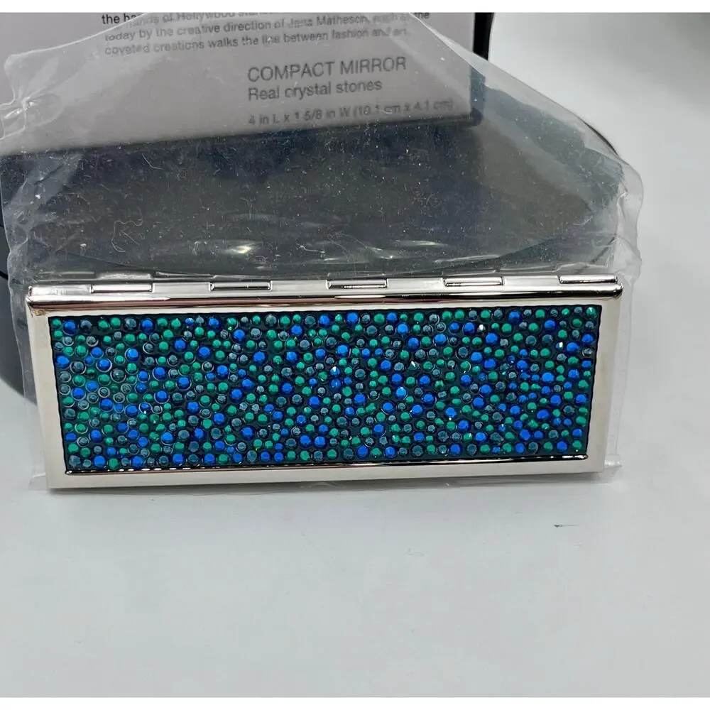 JUDITH‎ LEIBER Compact Mirror Slim Pocket Austria Crystal Green Blue Dots Silver